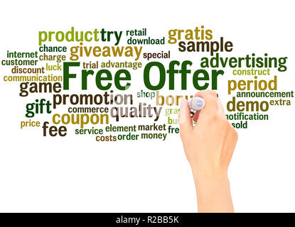 Free offer word cloud hand writing concept on white background. Stock Photo