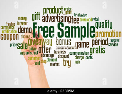Free Sample word cloud and hand with marker concept on white background. Stock Photo