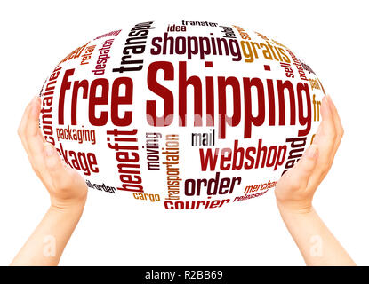 Free Shipping word cloud hand sphere concept on white background. Stock Photo
