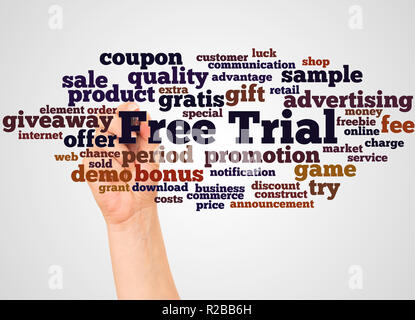 Free Trial word cloud and hand with marker concept on white background. Stock Photo