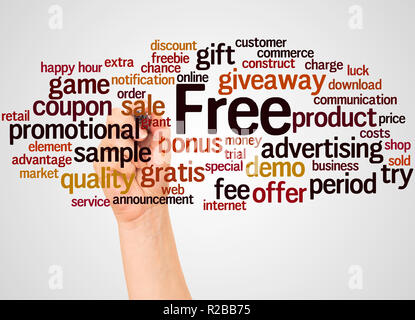 Free word cloud and hand with marker concept on white background. Stock Photo