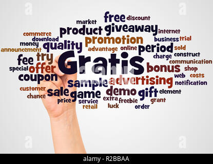 Gratis, word cloud and hand with marker concept on white background. Stock Photo