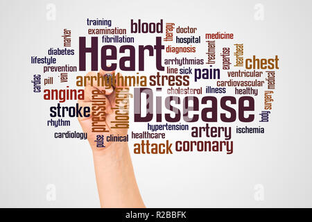 Heart Disease word cloud and hand with marker concept on white background. Stock Photo