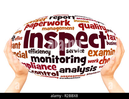Inspect word cloud hand sphere concept on white background. Stock Photo