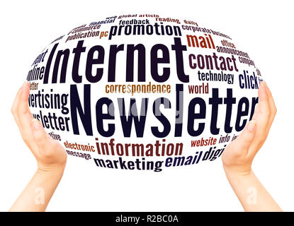 Internet Newsletter word cloud hand sphere concept on white background. Stock Photo