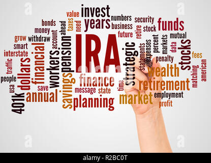 IRA word cloud and hand with marker concept on white background.  IRA -  individual retirement account, tax advantages for retirement. Stock Photo