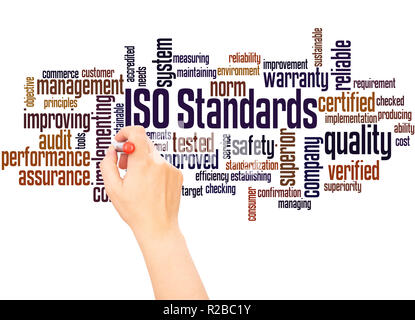 ISO Standards word cloud hand writing concept on white background. Stock Photo