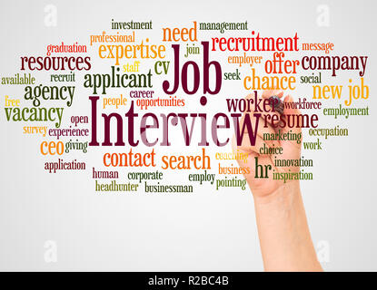 Job Interview word cloud and hand with marker concept on white background. Stock Photo