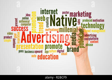 Native Advertising word cloud and hand with marker concept on white background. Stock Photo