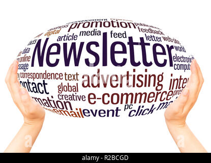 Newsletter word cloud hand sphere concept on white background. Stock Photo