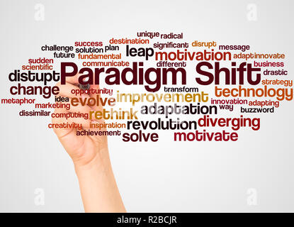 Paradigm Shift word cloud and hand with marker concept on white background. Stock Photo