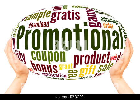 Promotional word cloud hand sphere concept on white background. Stock Photo