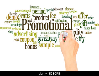 Promotional word cloud hand writing concept on white background. Stock Photo