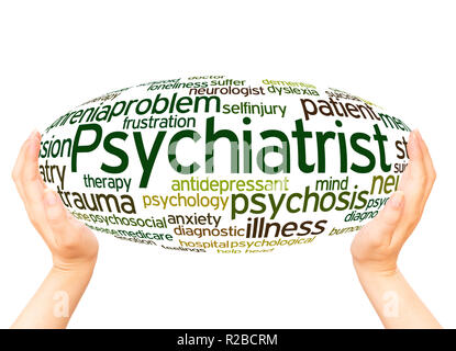 Psychiatrist word cloud hand sphere concept on white background. Stock Photo