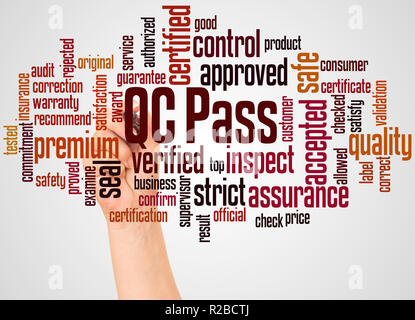 QC pass word cloud and hand with marker concept on white background. Stock Photo