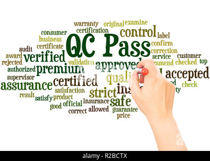 QC pass word cloud hand writing concept on white background. Stock Photo