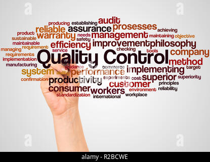 Quality Control word cloud and hand with marker concept on white background. Stock Photo