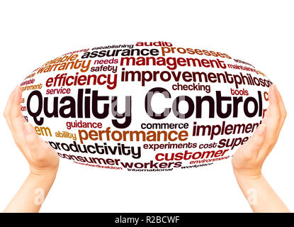 Quality Control word cloud hand sphere concept on white background. Stock Photo