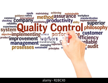 Quality Control word cloud hand writing concept on white background. Stock Photo
