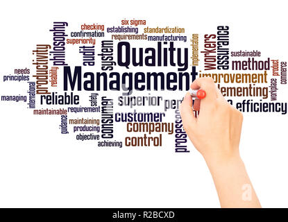 Quality Management word cloud hand writing concept on white background. Stock Photo
