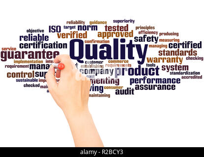 Quality word cloud hand writing concept on white background. Stock Photo
