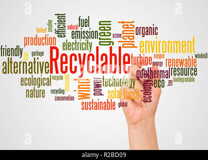 Recyclable word cloud and hand with marker concept on white background. Stock Photo