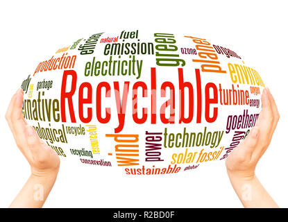 Recyclable word cloud hand sphere concept on white background. Stock Photo