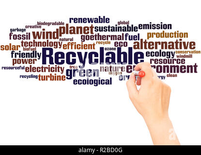 Recyclable word cloud hand writing concept on white background. Stock Photo