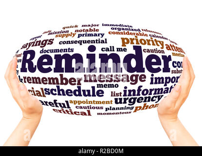 Reminder word cloud hand sphere concept on white background. Stock Photo
