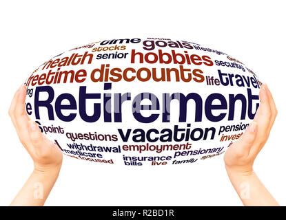Retirement word cloud hand sphere concept on white background. Stock Photo