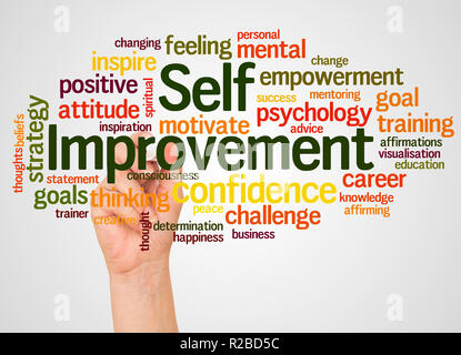 Self Improvement word cloud and hand with marker concept on white background. Stock Photo