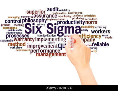 Six Sigma word cloud hand writing concept on white background. Stock Photo