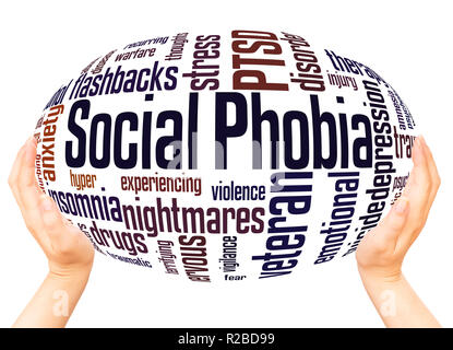 Social phobia and PTSD word cloud hand sphere concept on white background. Stock Photo