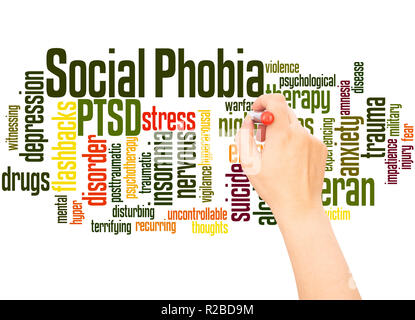 Social phobia and PTSD word cloud hand writing concept on white background. Stock Photo