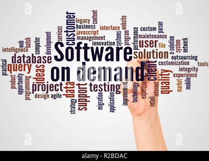 Software on demand word cloud and hand with marker concept on white background. Stock Photo
