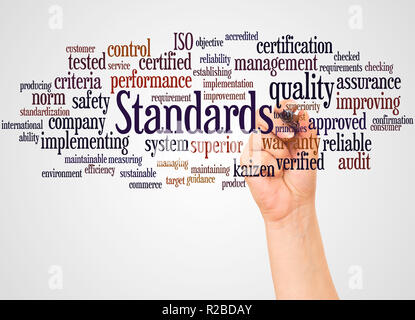 Standards word cloud and hand with marker concept on white background. Stock Photo