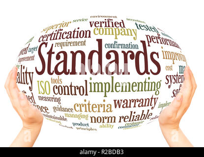 Standards word cloud hand sphere concept on white background. Stock Photo