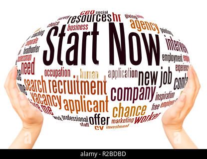 Start Now word cloud hand sphere concept on white background. Stock Photo