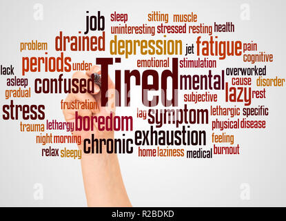 Tired word cloud and hand with marker concept on white background. Stock Photo