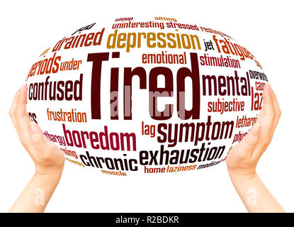 Tired word cloud hand sphere concept on white background. Stock Photo