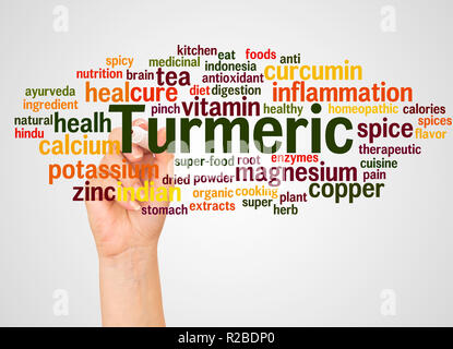 Turmeric word cloud and hand with marker concept on white background. Stock Photo