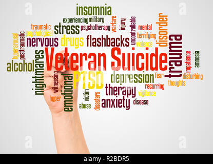 Veteran Suicide word cloud and hand with marker concept on white background. Stock Photo