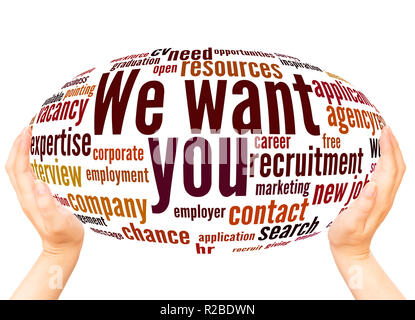 We want you word cloud hand sphere concept on white background. Stock Photo