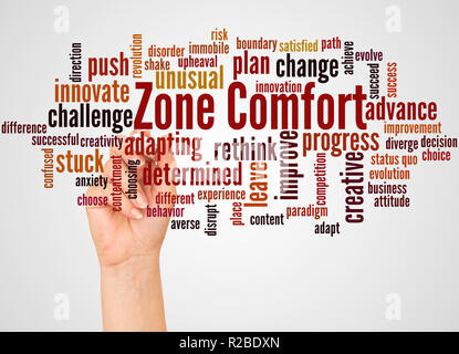 Zone Comfort word cloud and hand with marker concept on white background. Stock Photo
