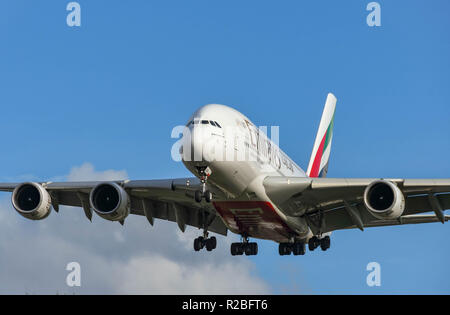LONDON, ENGLAND - NOVEMBER 2018: Emirates Airbus A380 'super jumbo' jet long haul airliner on final apporach to land at London Heathrow Airport. Stock Photo