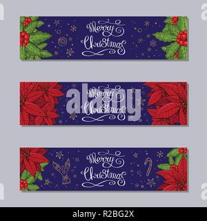 Merry Christmas horizontal banners set with traditional homeplant poinsettia and holly plant. Retro style. New year season design. Green, red, purple. Stock Vector