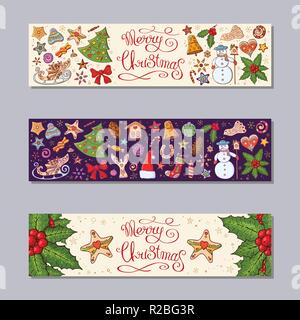 Merry Christmas horizontal banners set with festive elements and symbols, traditional homeplant mistleto. Retro style. New year season design. Stock Vector