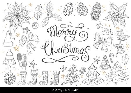 Big set with vintage Christmas decoration. Festive elements and symbols for new year season design. Isolated on white background. Monochrome, contour, Stock Vector