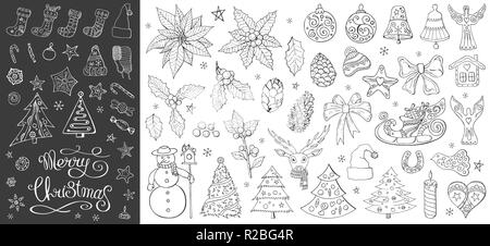 Big set with vintage Christmas decoration. Festive elements and symbols for new year season design. Isolated on white background. Monochrome, contour. Stock Vector