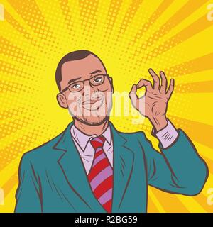 okay gesture. ok pop art african businessman. Comic cartoon pop art retro vector illustration drawing Stock Vector